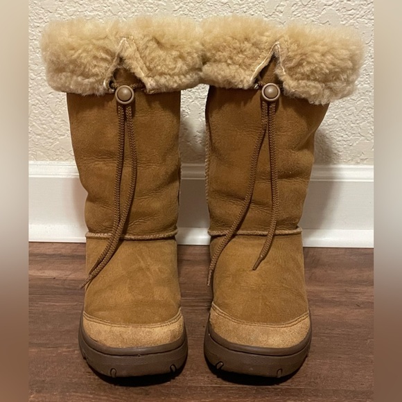 UGG Shoes - UGG brown leather sheepskin shearling lining tall drawstring boots fold over 9